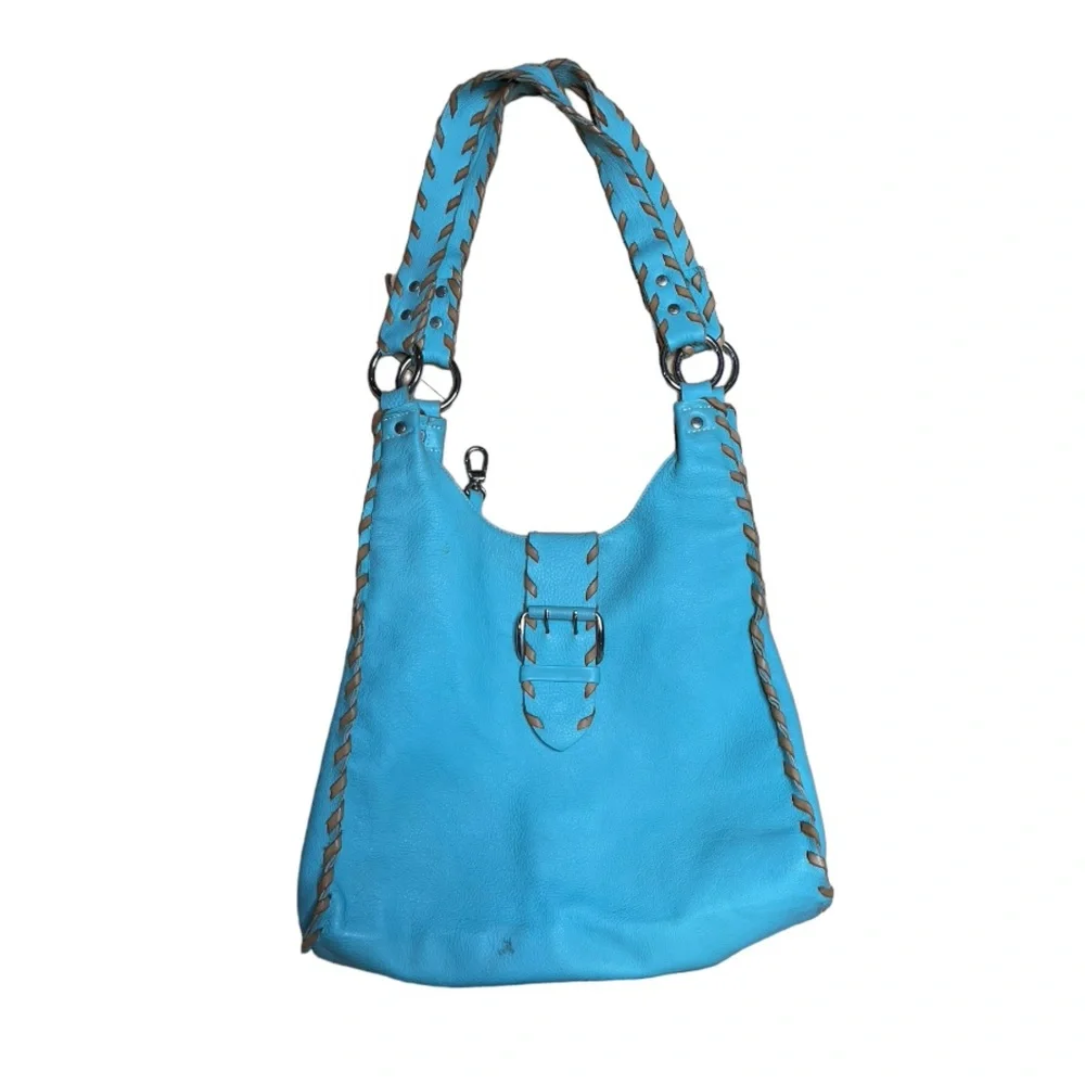 Carla Mancini open stitch leather braid through string blue leather slouch bag - Picture 2 of 12